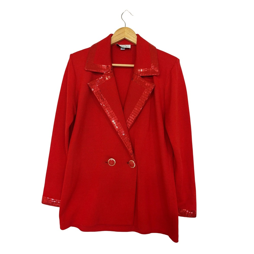 Vintage St John Evening Red Sequin Knit Skirt Suit Set Size 12 Made in USA